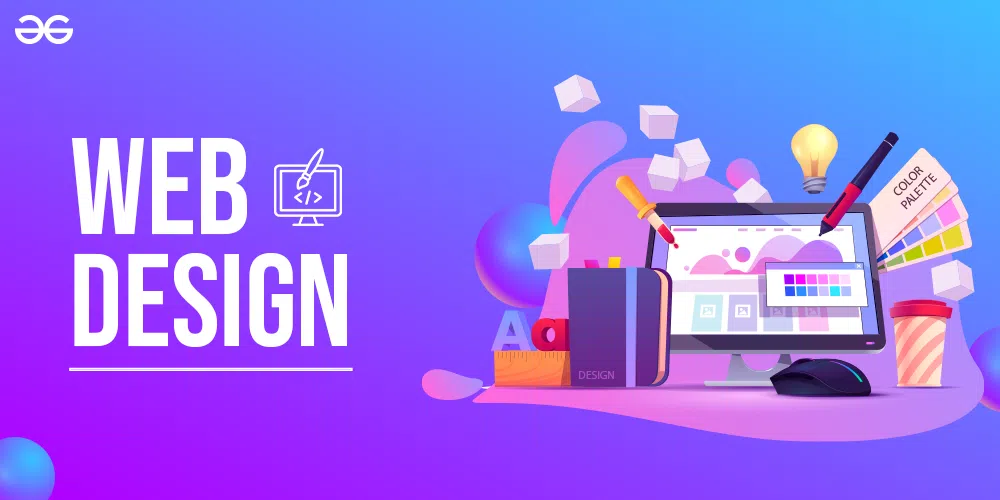 Graphic design workspace with computer, tablet, and color palettes.