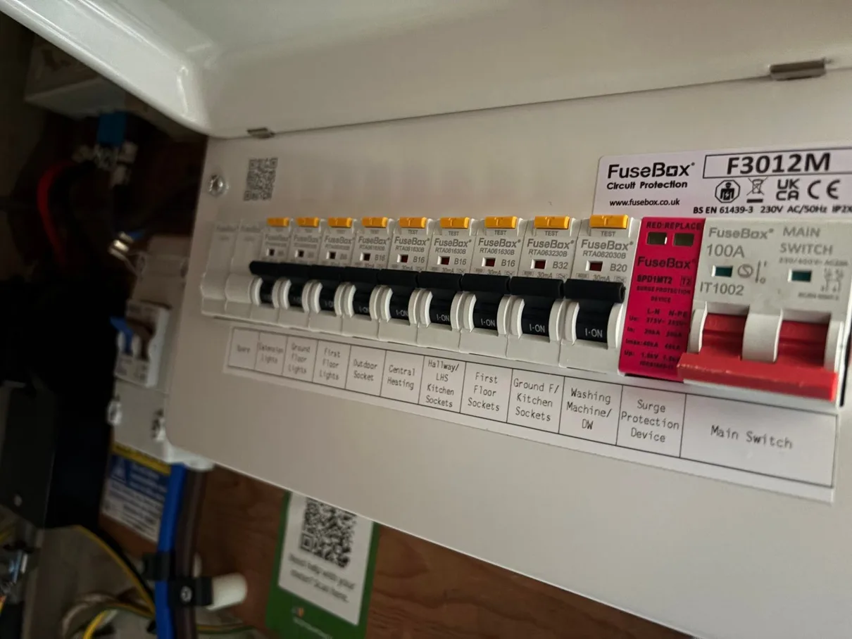 Modern electrical consumer unit used for RCD and circuit protection in a Milton Keynes home