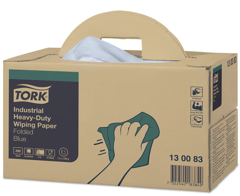 Tork Heavy Duty Industrial Wiping Paper Blue Folded 3ply Handy Box 200s
