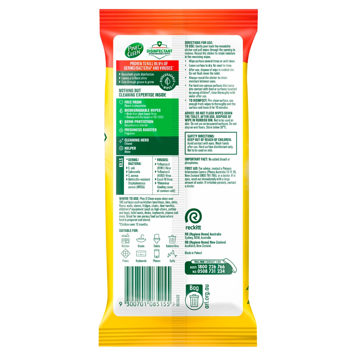 Pine O Cleen Biodegradable Disinfectant Wipes Lemon 60 wipes x 6
