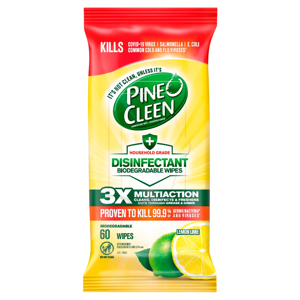 Pine O Cleen Biodegradable Disinfectant Wipes Lemon 60 wipes x 6