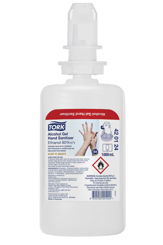 Tork Alcohol Gel Hand Sanitiser Australian Made ARTG S4 1000ml x 6