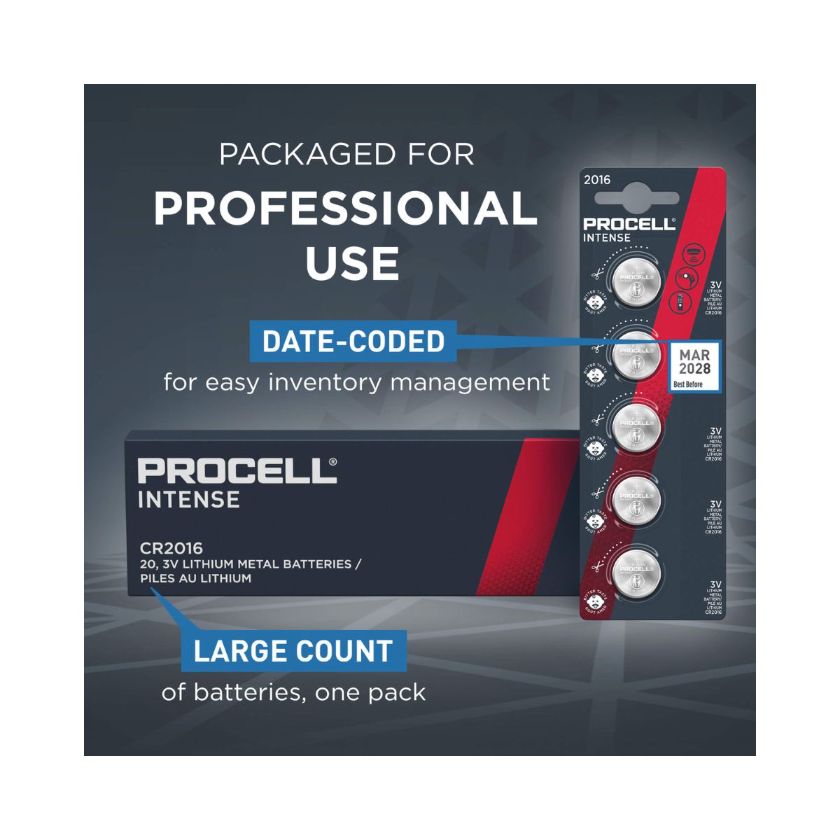 Procell Intense Batteries Lithium Coin 2016 3V 20pk (4 cards of 5) Blk/Red Inner Box