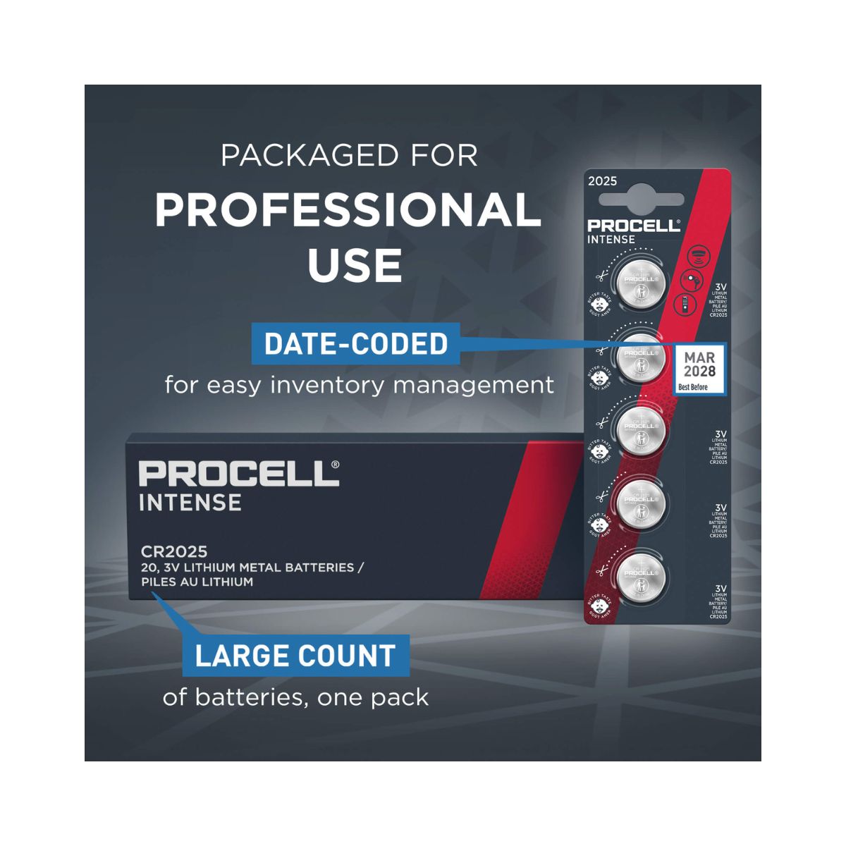 Procell Intense Batteries Lithium Coin 2025 3V 20pk (4 cards of 5) Blk/Red Inner Box
