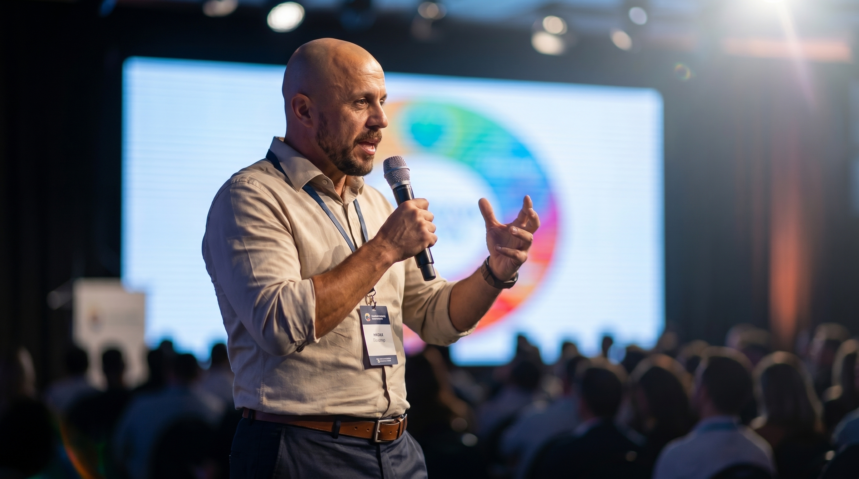 Palestra em congresso — microfone em punho