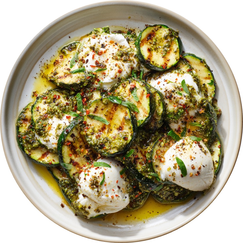Smashed Zucchini With Pesto & Burrata