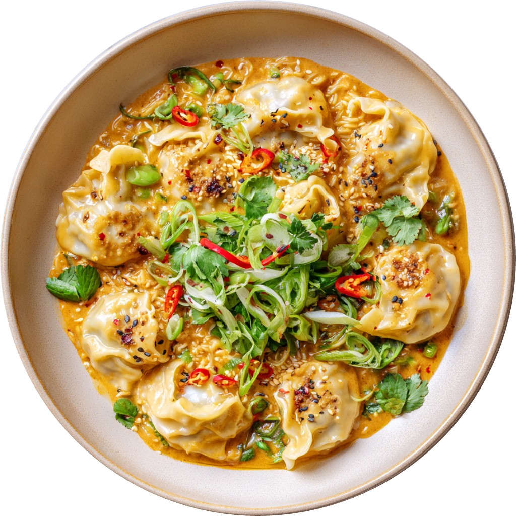 One Pan Satay Ramen Dumplings