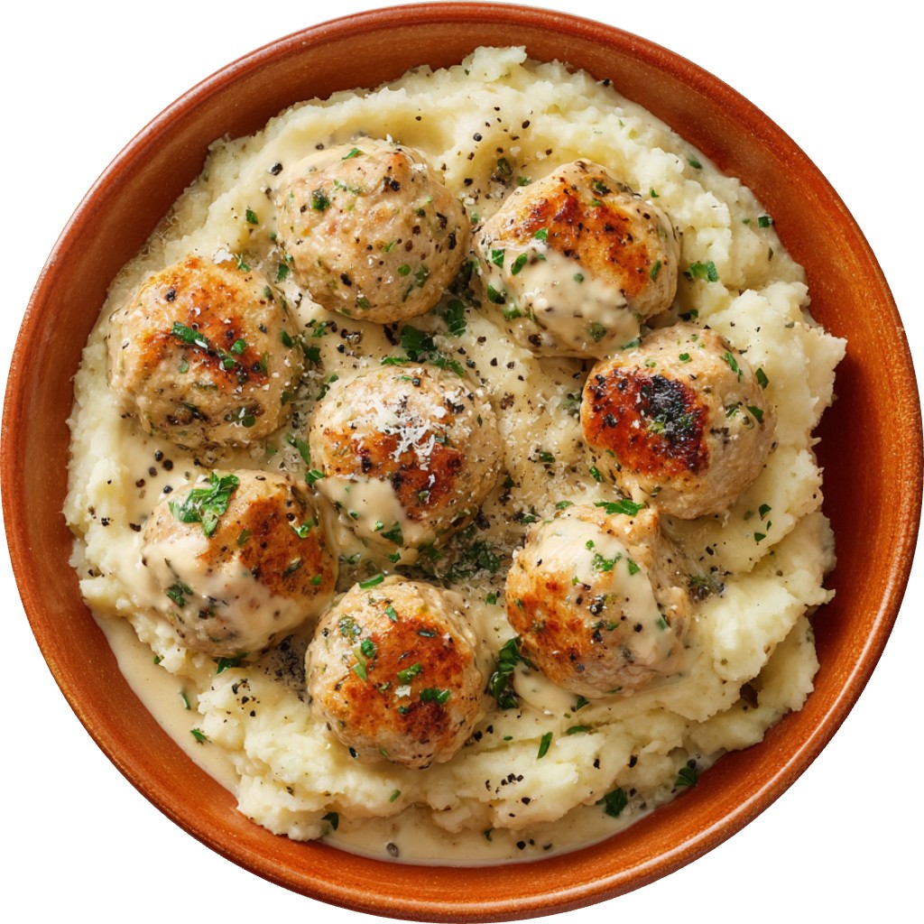 Creamy Garlic Alfredo Chicken Meatballs With Herby Mash