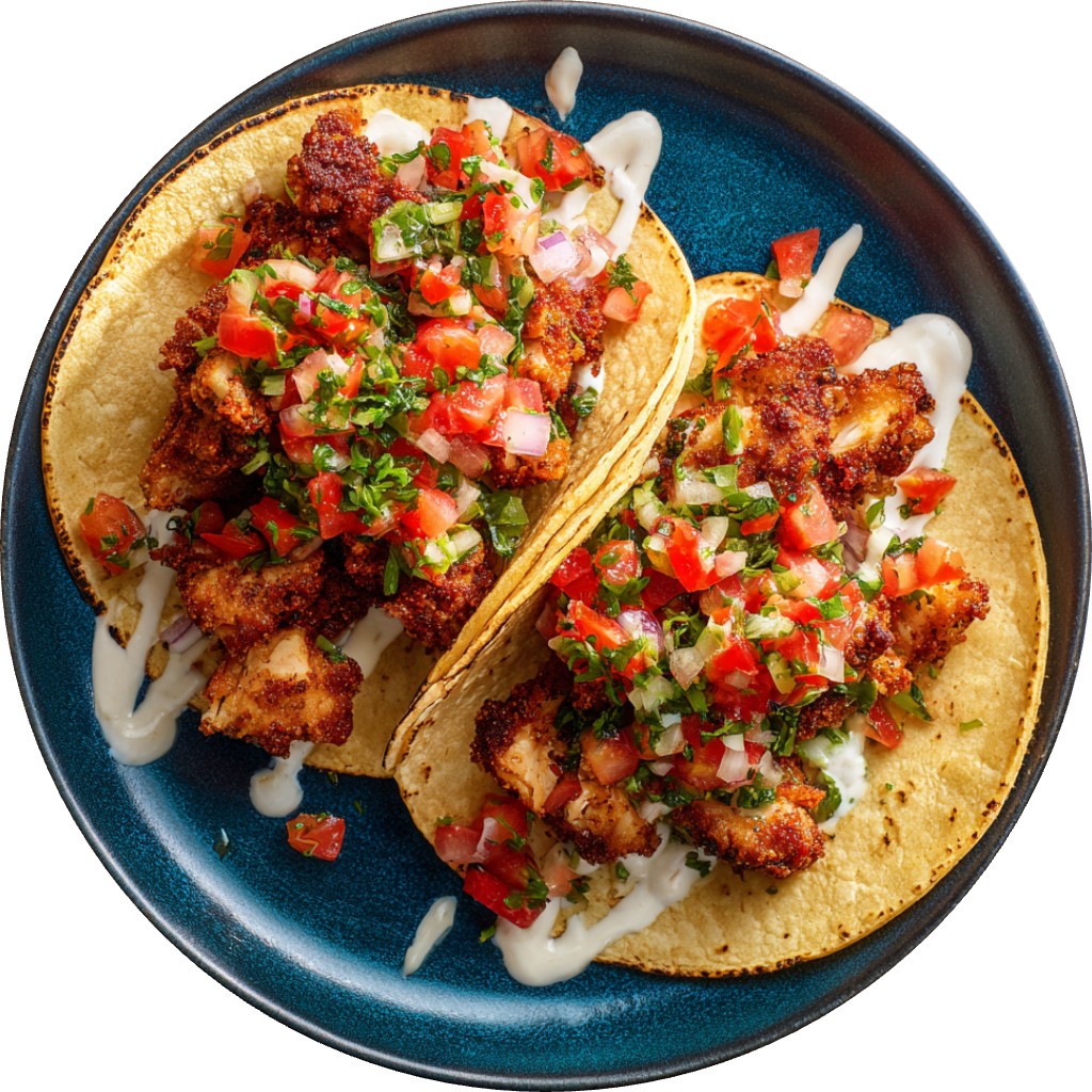 Crispy Chicken Tacos With Pico De Gallo And Spicy Taco Sauce