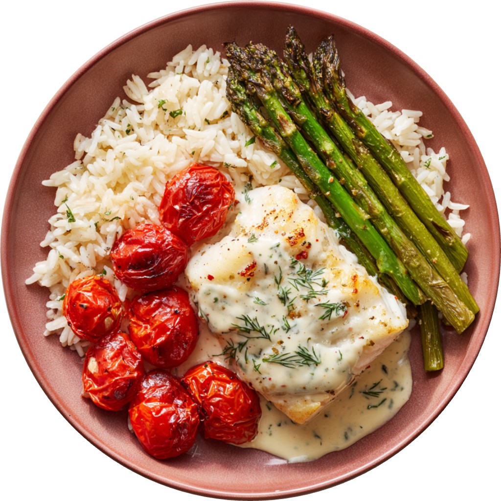 Cod Over Creamy Dill Sauce & Roasted Tomatoes Rice Asparagus