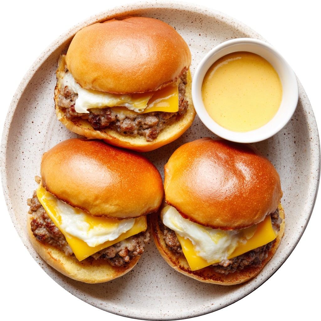 Sausage, Egg & Cheese Sliders With Breakfast Sauce