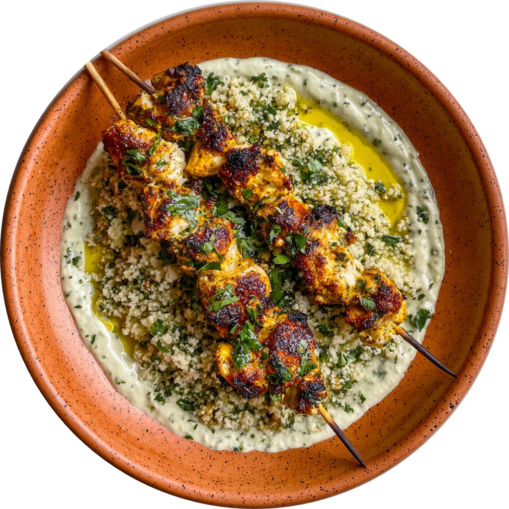 Smoky Chicken Skewers With Garlic Yogurt Marinade & Tangy Herb Oil