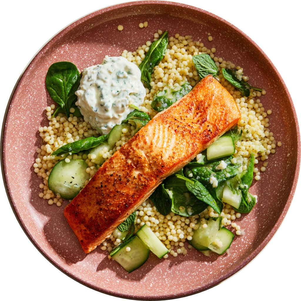Seared Salmon With Lemony Pearl Couscous, Cucumber-Herb Salad, And Garlic Labneh