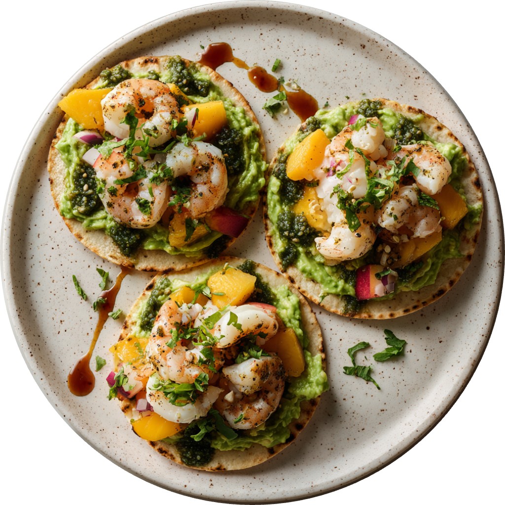 Shrimp Tostadas With Macha Sauce And Peach