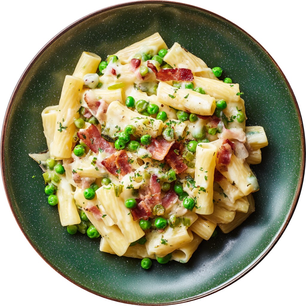 Bacon, Brie And Pea Rigatoni