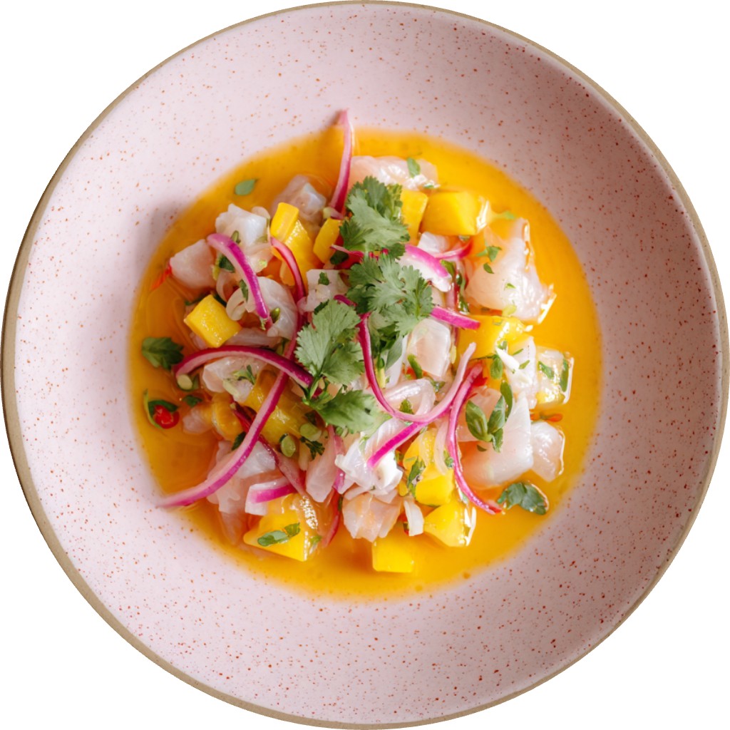 Ceviche Estilo "Thai" Con Jengibre, Mango Y Coco