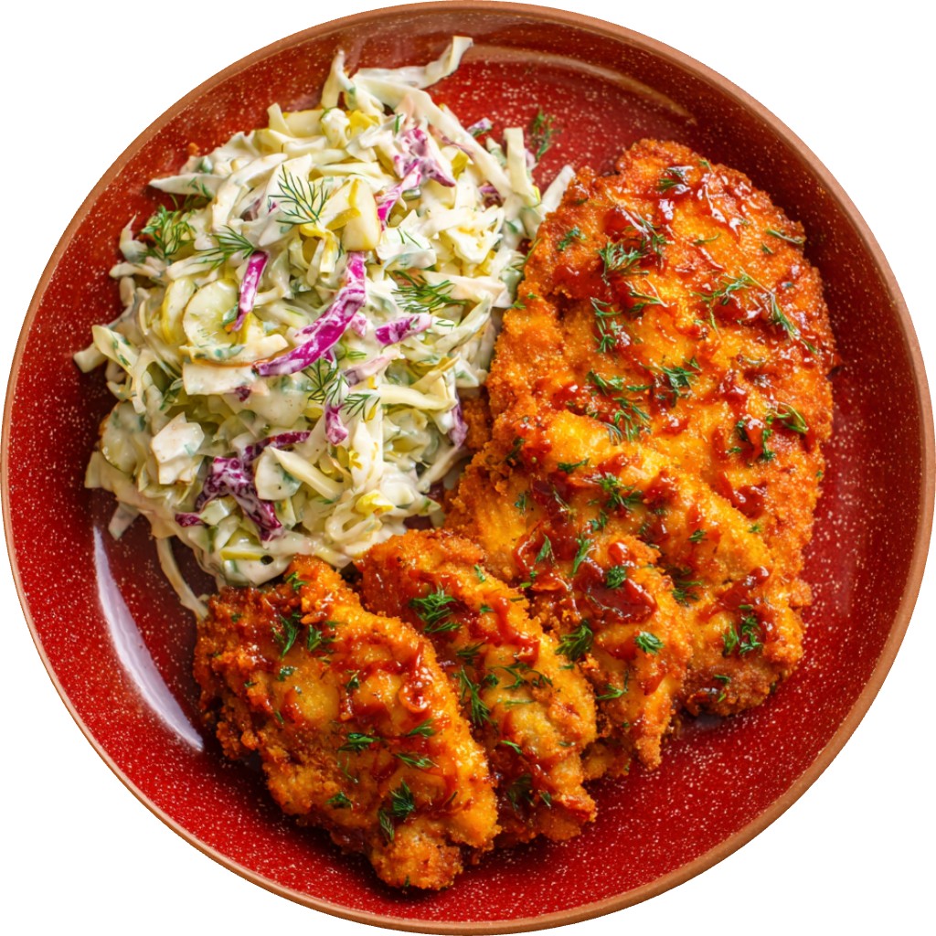 BBQ Chicken Cutlets With Dill Pickle Coleslaw