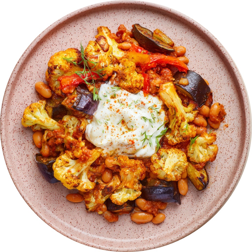 Spice Roast Veggies With Harissa Braised Beans & Yoghurt