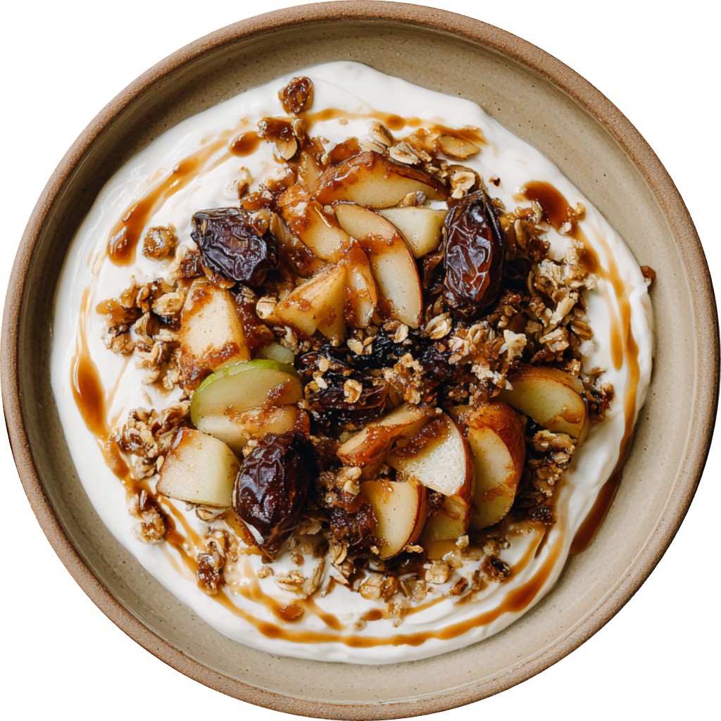 Warm Caramelized Cinnamon Apples & Sticky Dates Over Creamy Yogurt