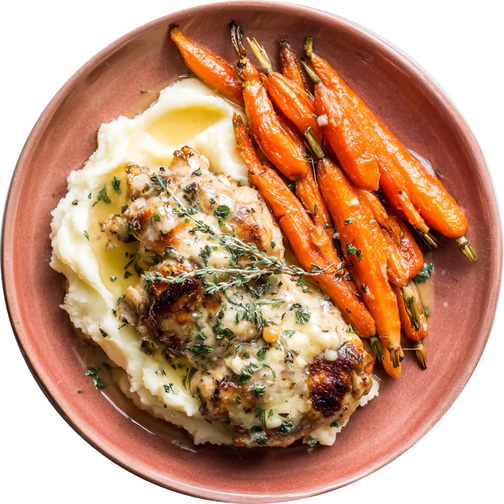 Garlic Herb Chicken With Honey Butter Carrots & Creamy Mashed Potatoes