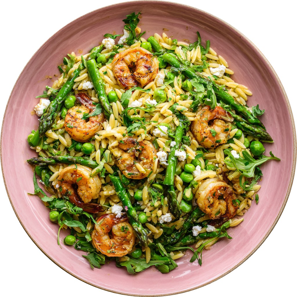 Honey Mustard & Feta Spring Orzo Salad With Buttery Garlic Shrimp