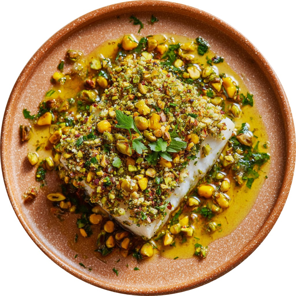 Pistachio Halibut With Corn-Basil Dressing