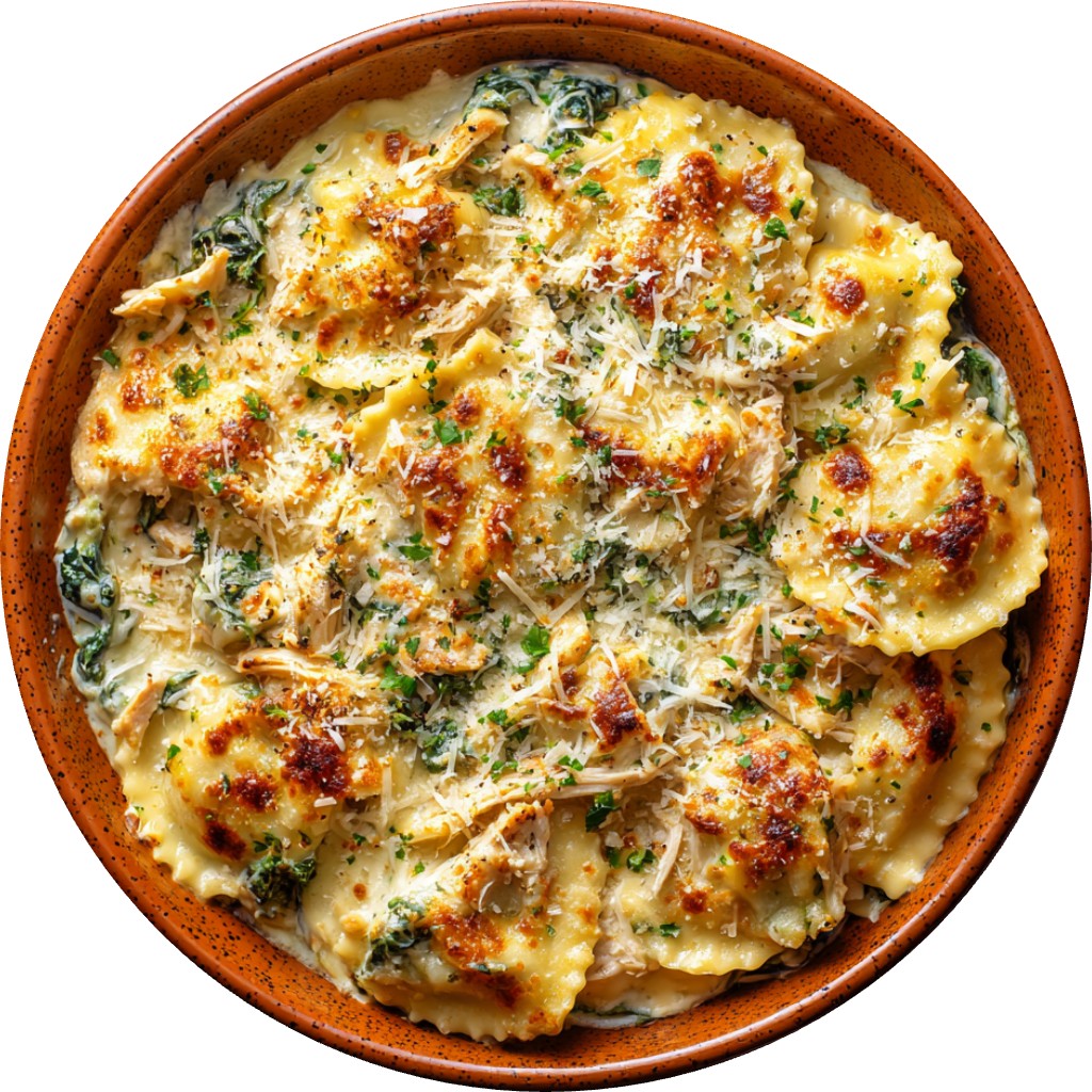 Cheesy Chicken & Spinach Ravioli Bake