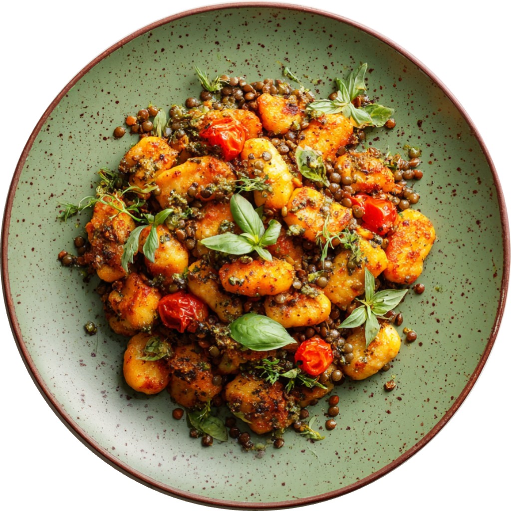 Roasted Red Pepper Gnocchi With Crispy Lentils & Pesto