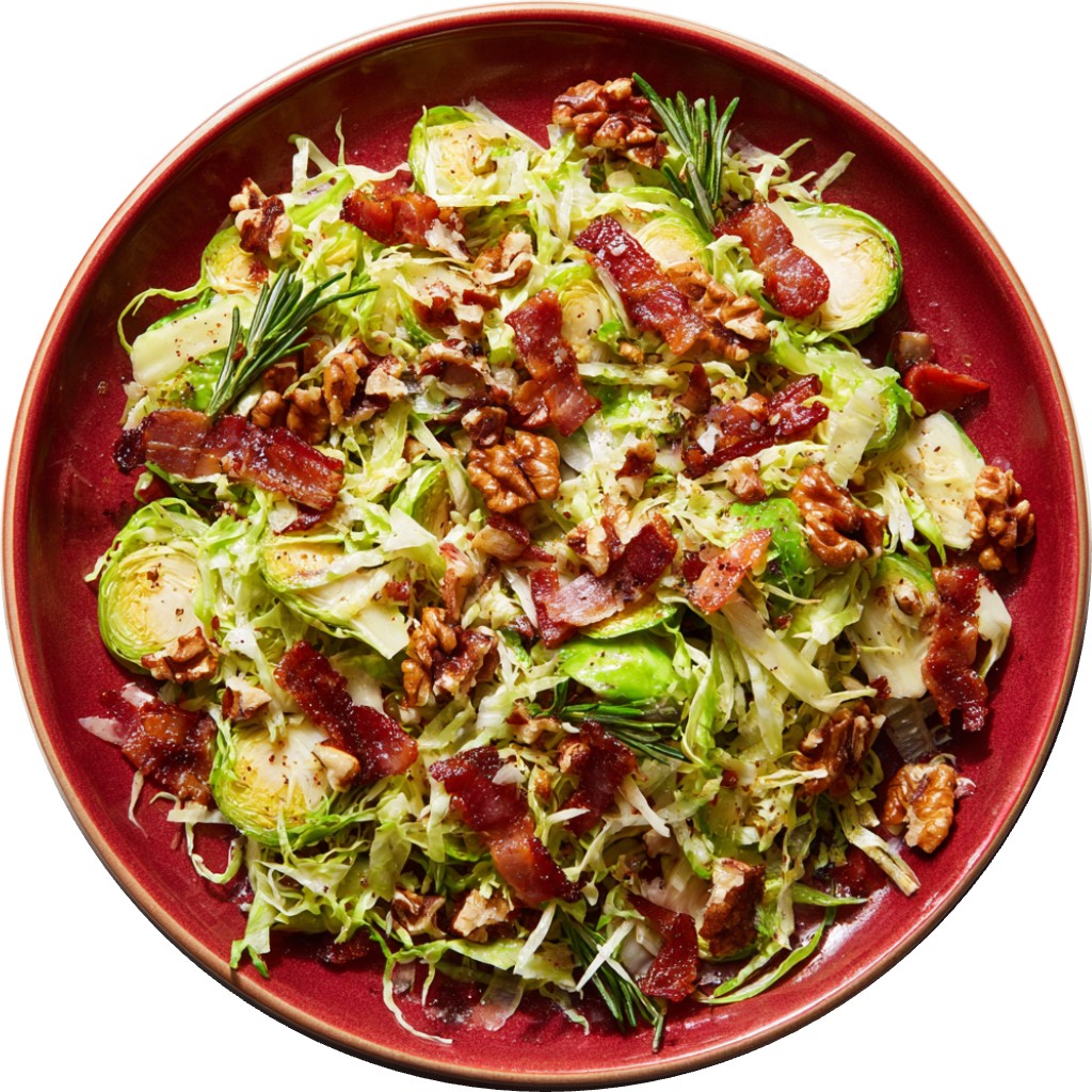 Candied Bacon Walnut Shaved Sprout Salad With Roasted Shallot Vinaigrette