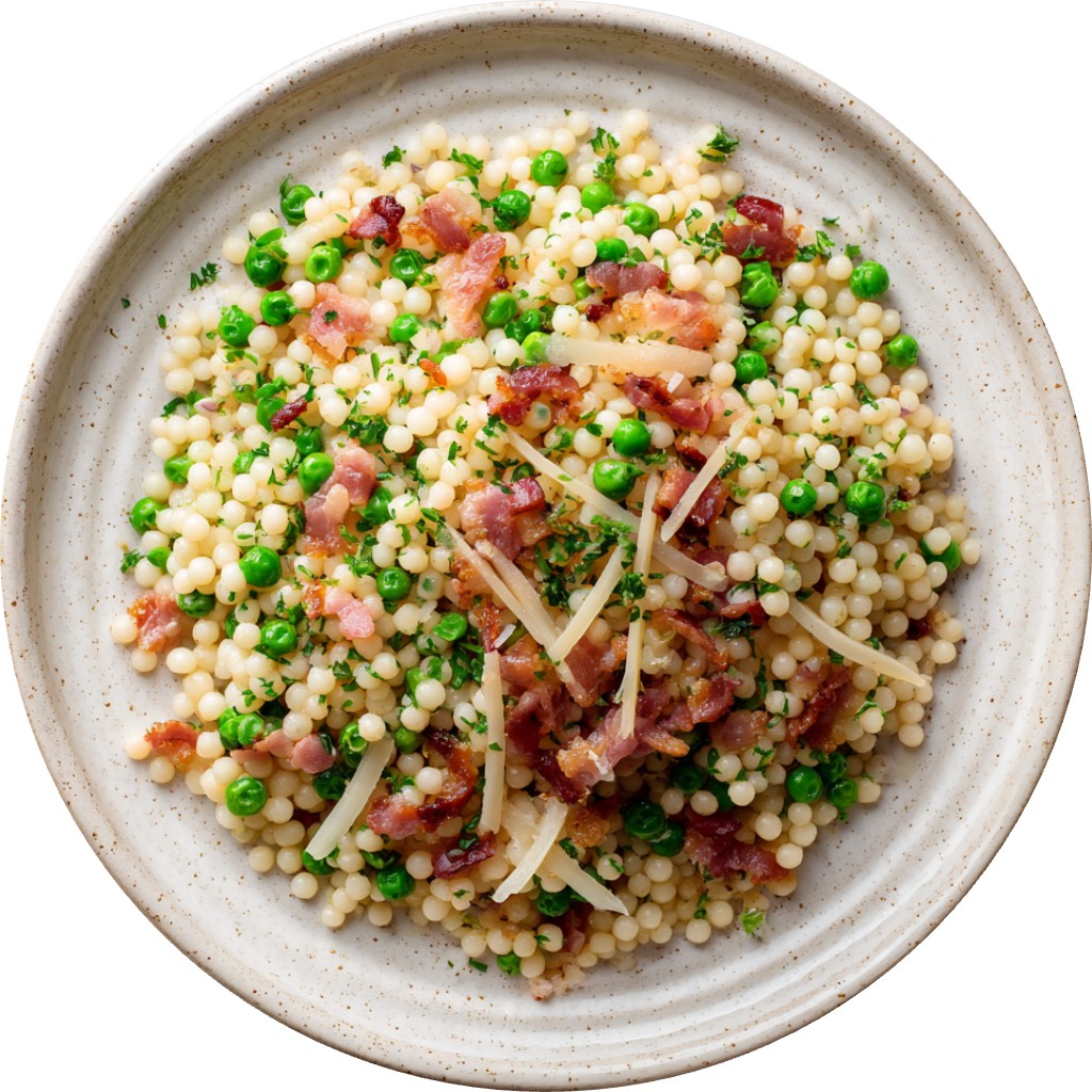 Pearl Couscous With Bacon & Peas