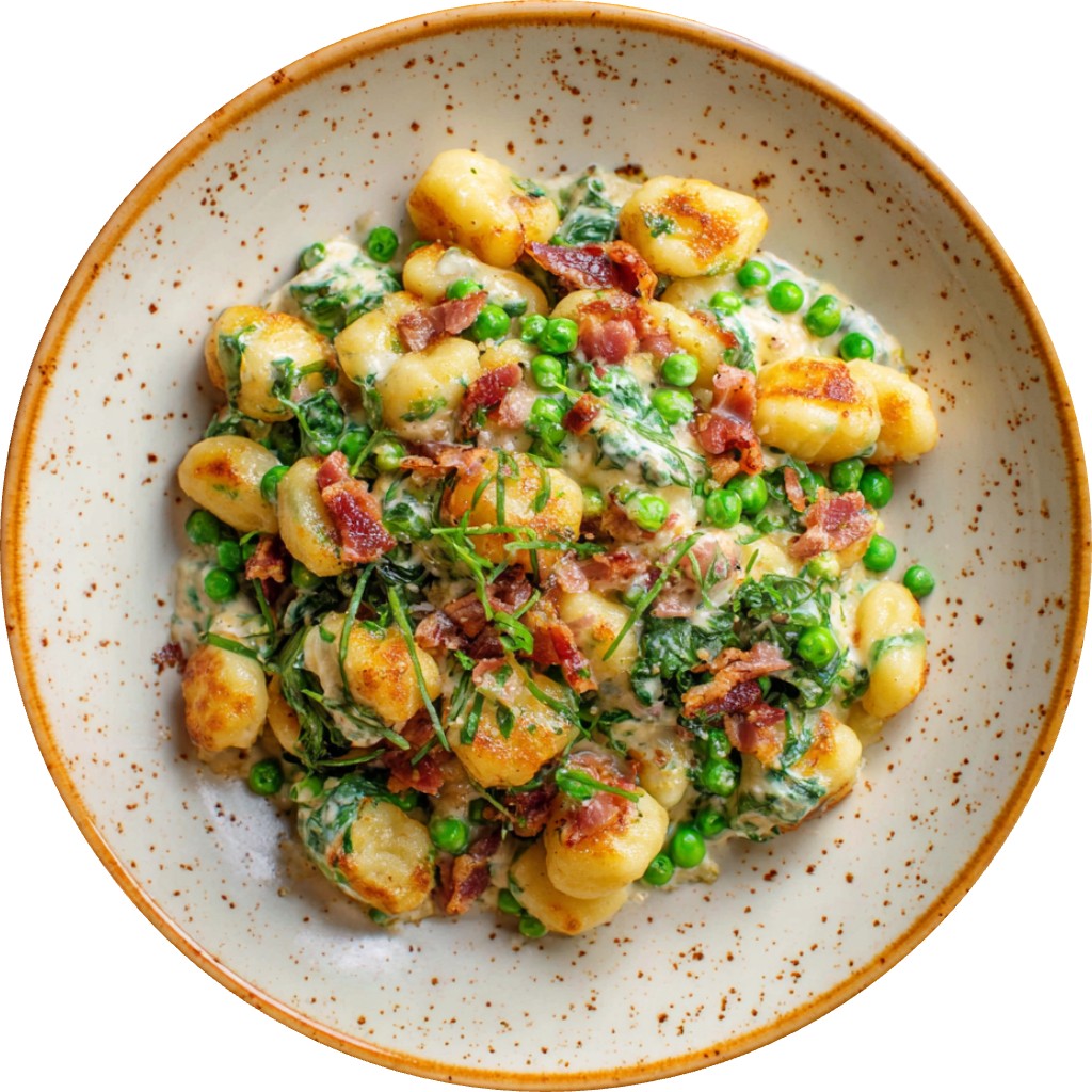 Crispy Gnocchi With Bacon, Peas, Spinach & Cream