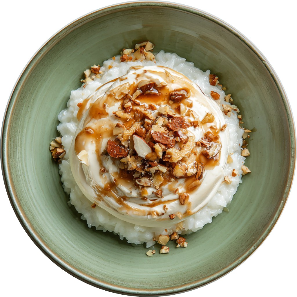 Rice Pudding With Caramel Cream And Almond Praline