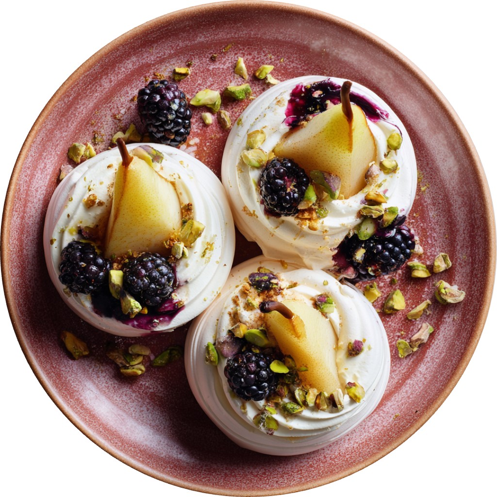 Mulled Wine Pear And Blackberry Pavlovas