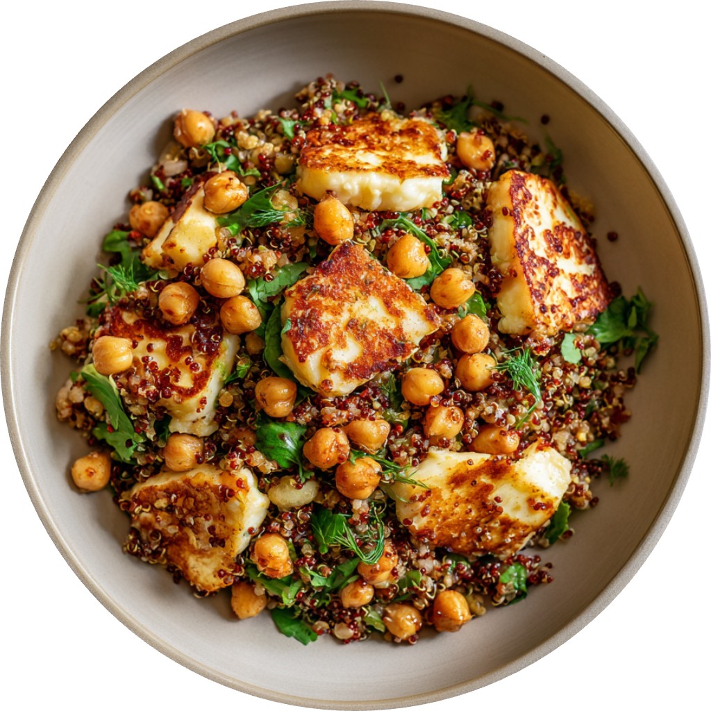 Warm Quinoa Halloumi Salad With Crunchy Chickpeas