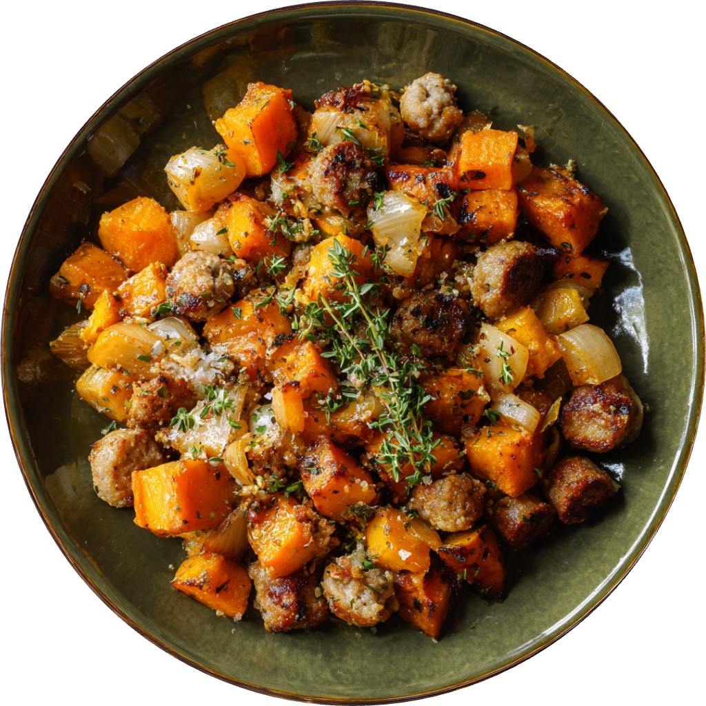 Maple, Ginger, Thyme Squash & Sweet Potatoes with Italian Sausage