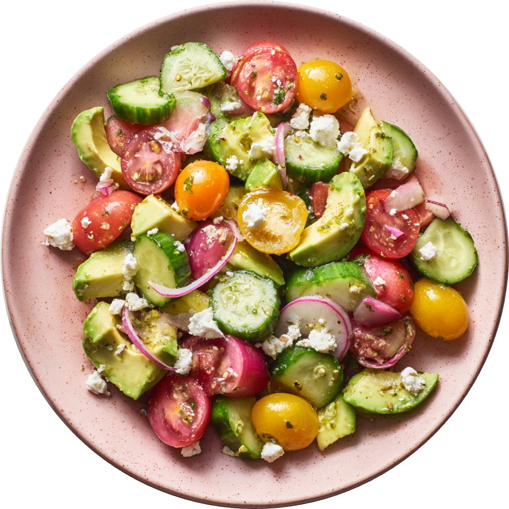 Cucumber, Tomato, Avocado, And Feta Salad With Herby Lemon Vinaigrette