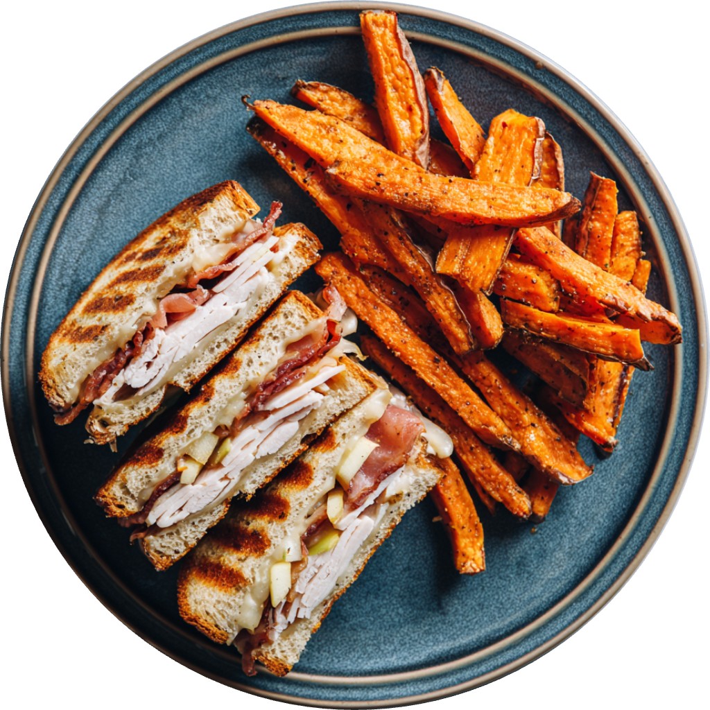 Apple & Gouda Turkey Panini With Sweet Potato Fries