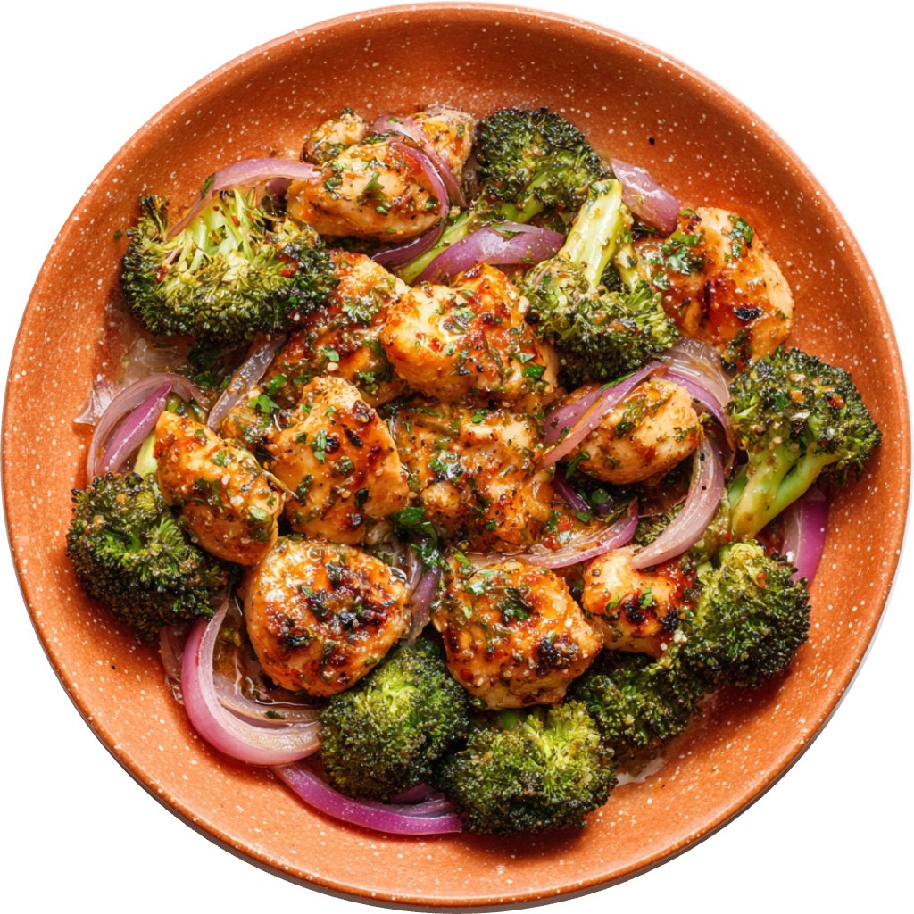 Cilantro Orange Chicken Bites With Roasted Broccoli & Onions