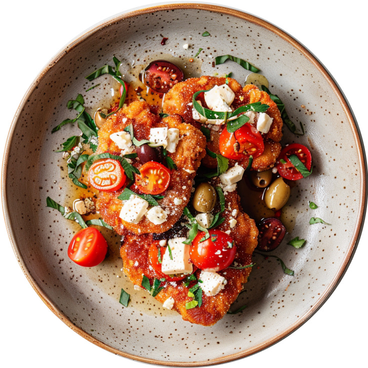 Crispy Chicken Cutlets with Summery Tomato, Nectarine, Mozzarella, and Olive Salad