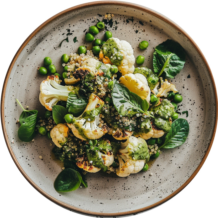 Sticky Smoky Cauliflower with Quinoa & Pea Salad and Green Goddess Dressing