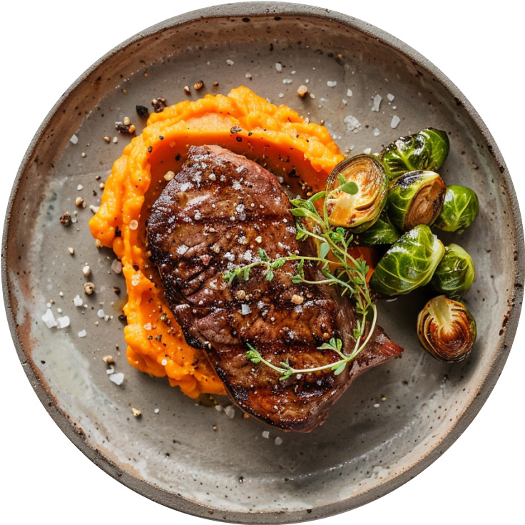 Maple-Glazed Steak with Sweet Potato Mash and Brussels Sprouts