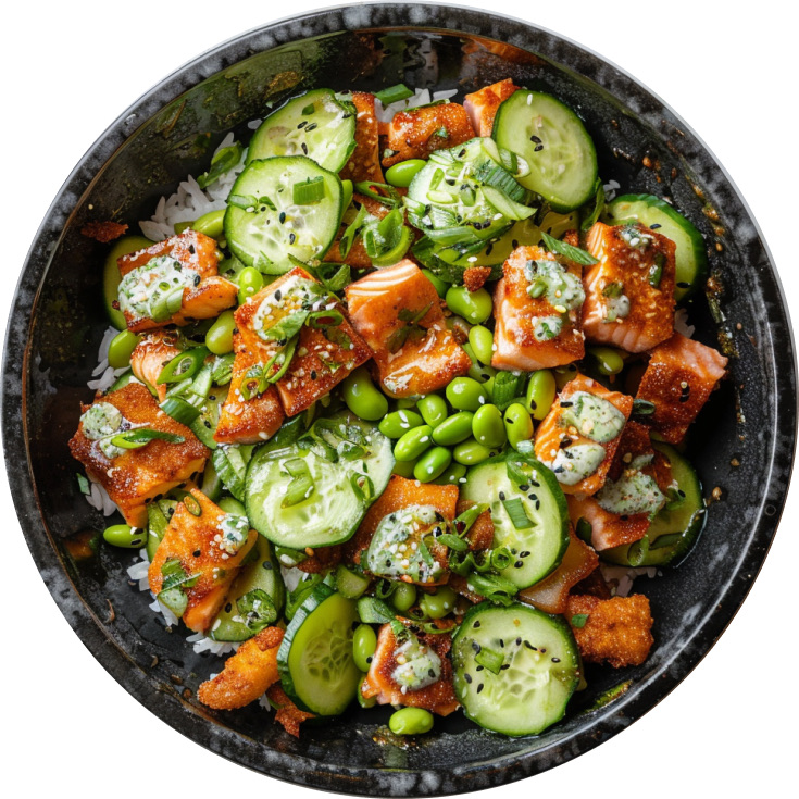 Crispy Rice Salmon Cucumber Salad with Creamy Asian Dressing