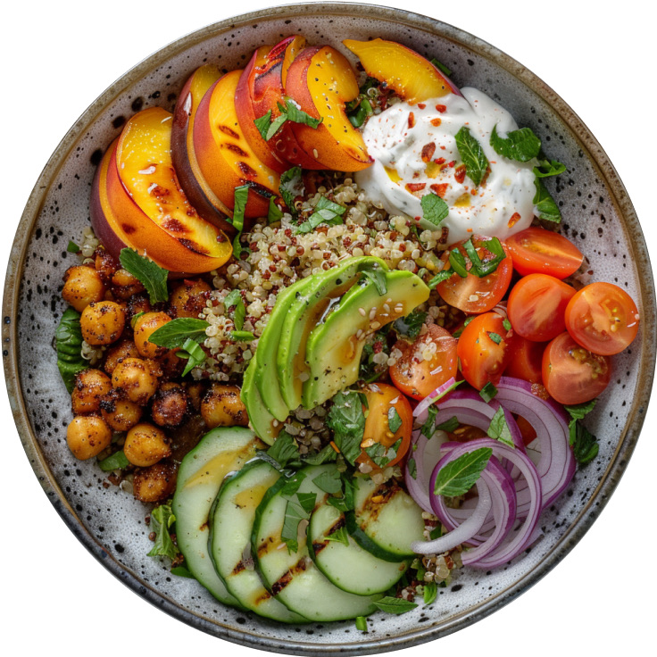 Grilled Peach & Crispy Hot Honey Chickpea Quinoa Bowl with Fennel Tzatziki