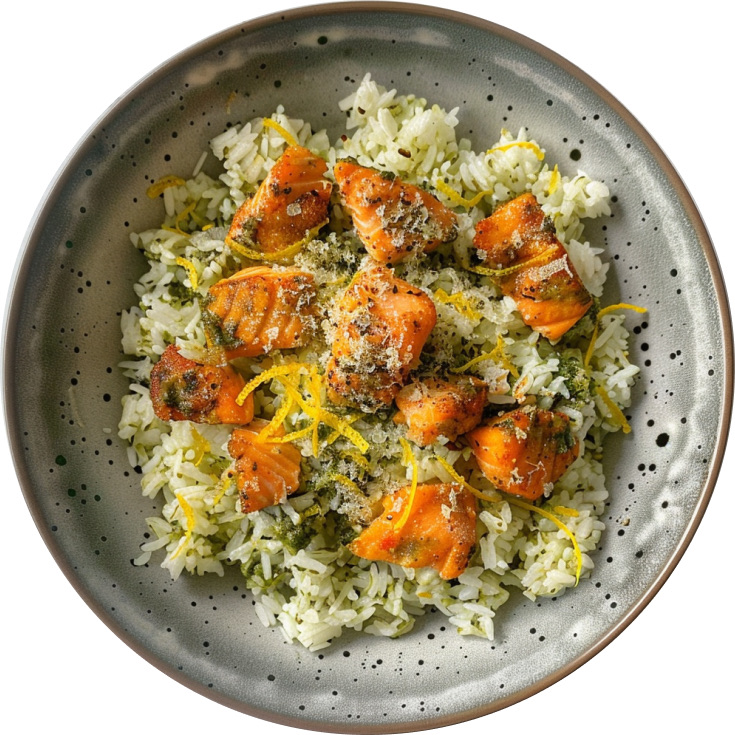 Creamy Pesto Rice with Lemon Pepper Salmon