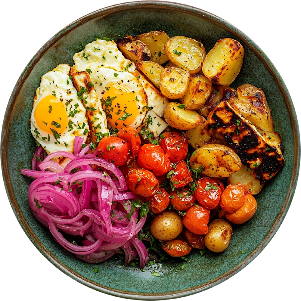 Halloumi Breakfast Bowl with Roasted Potatoes & Tomatoes