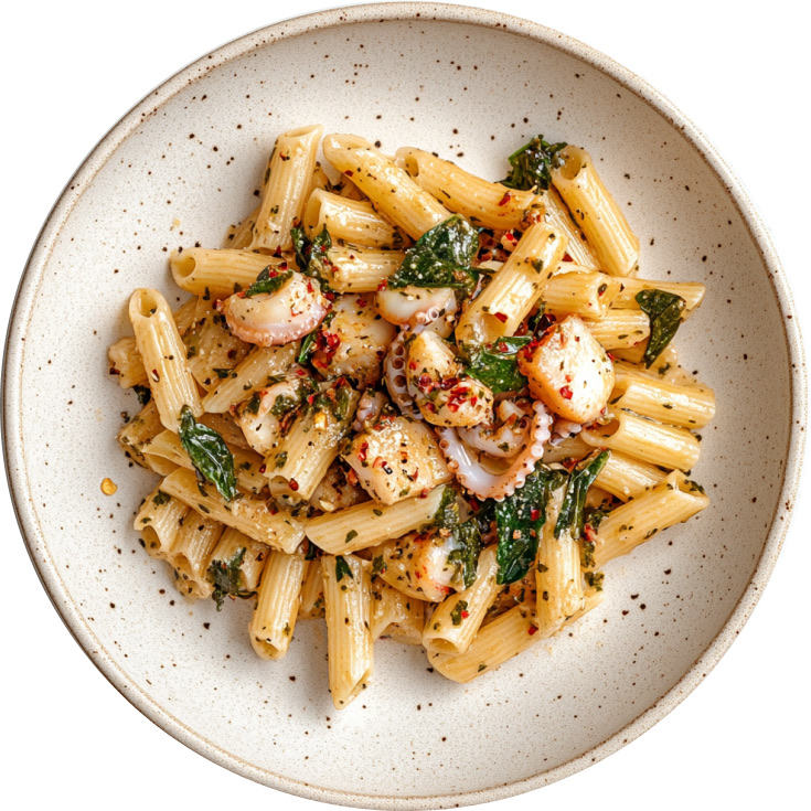 Mezze Penne with Baby Squid on a Navy Bean Purée