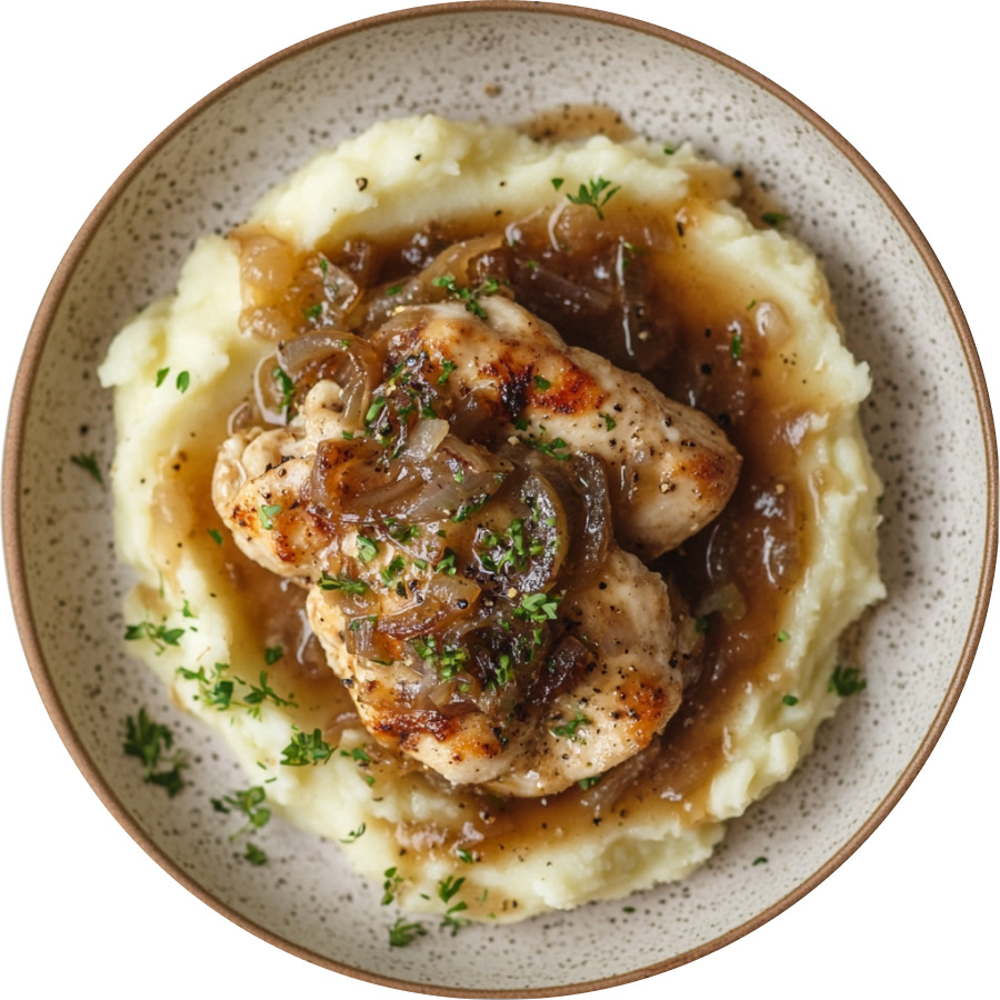 French Onion Chicken with Cauliflower Potato Mash