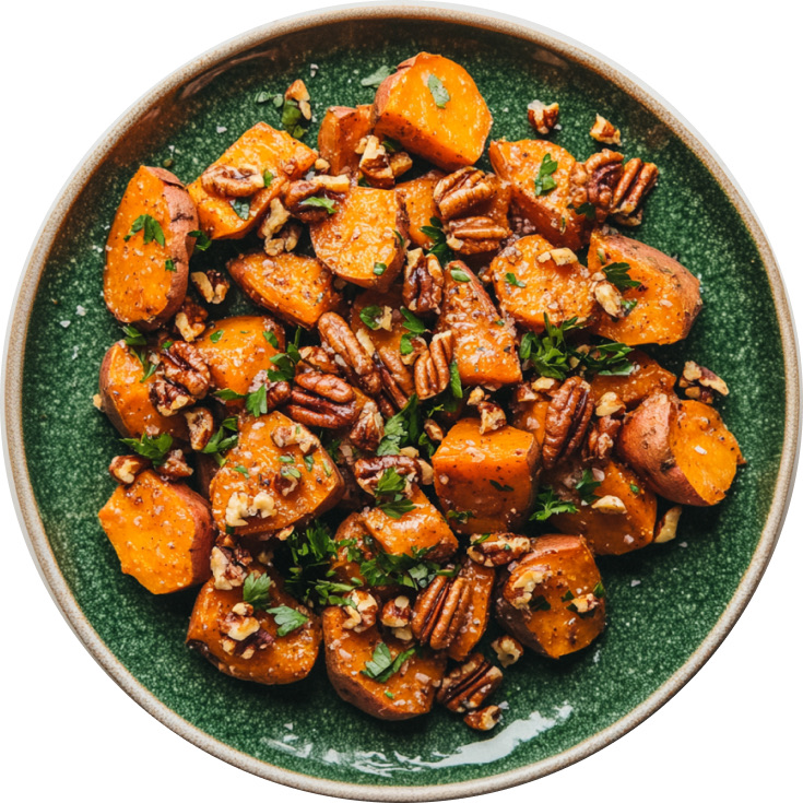 Maple Roasted Sweet Potatoes with Candied Pecans
