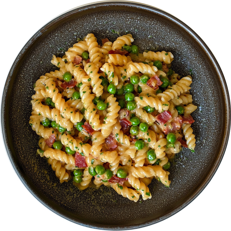 Beef Bacon Carbonara with Peas