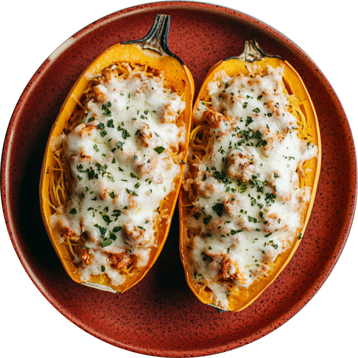 Creamy Pumpkin and Turkey Stuffed Spaghetti Squash with Rosemary Walnuts